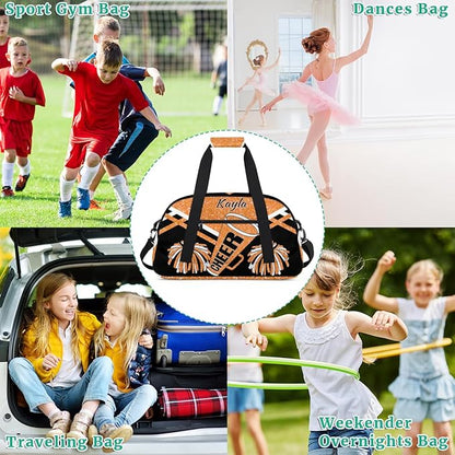 Personalized Girls Gym Cheerleading Bag Sport Duffle Bag, Custom Name Carry On Weekender Bag for Women Men Travel Vocation Business Trip, Orange Glitters Black