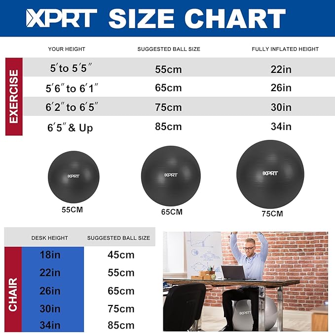 XPRT Fitness Exercise Ball (55/65/75cm) - Yoga Ball for Home Gym Workout, Physical Therapy, Balance, Stability Training - Office Ball Chair with Quick Pump (5 Colors)