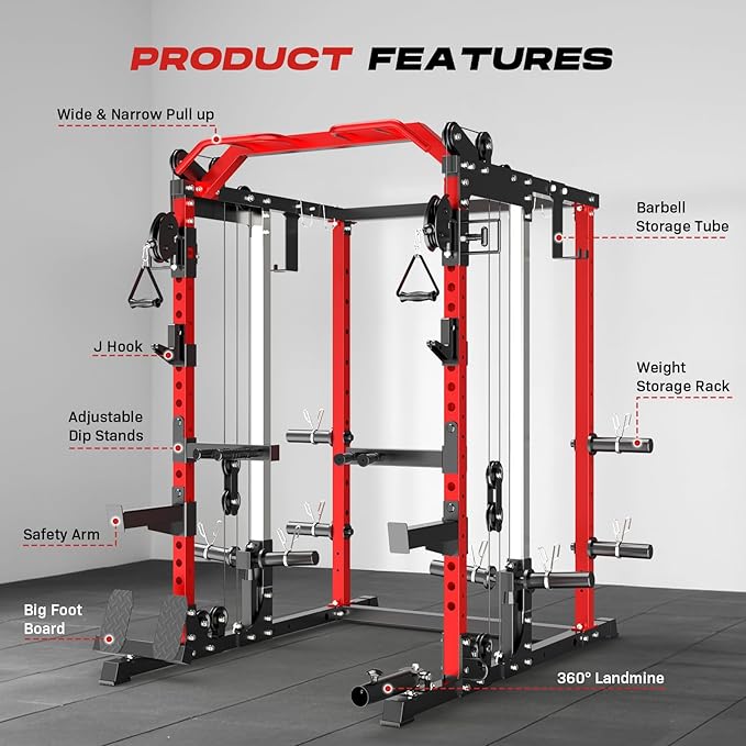 Power Cage Home Gym, Dual Pulley Cable Crossover System, All-in-One Squat Power Rack with Strength Training Attachments for Full-Body Workouts