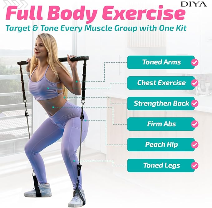 Pilates Bar Kit with Resistance Bands 140 lbs – Adjustable Portable Home Gym Workout Equipment for Women & Men – Full Body Fitness Bar for Legs, Glutes, Arms, Core & Back