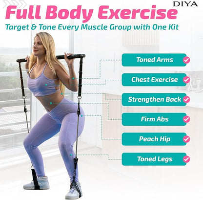 Pilates Bar Kit with Resistance Bands 140 lbs – Adjustable Portable Home Gym Workout Equipment for Women & Men – Full Body Fitness Bar for Legs, Glutes, Arms, Core & Back