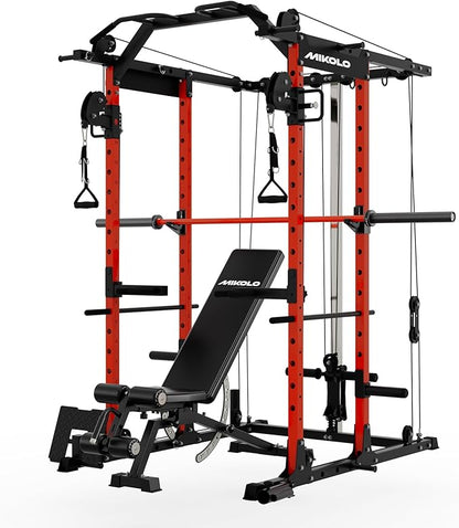 Mikolo Power Cage, Power Rack with Cable Crossover System, 1500LBS Squat Rack with LAT Pull Down System, Workout Cage with Pulley System for Fitness Home Gym