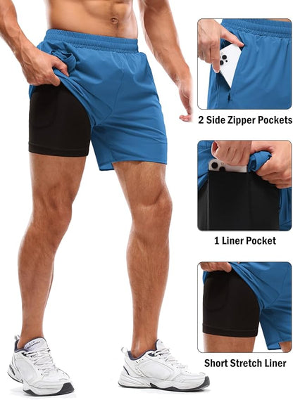 Aolesy Men's 2 in 1 Running Shorts 5" Workout Gym Athletic Shorts for Men Quick Dry Lightweight Training Shorts with Pockets