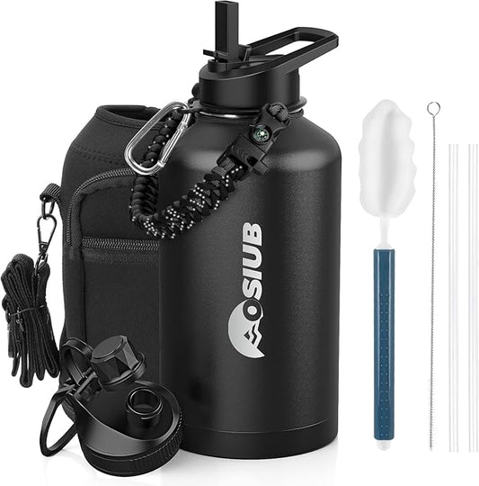 Insulated Water Bottle 64 oz, Triple Wall Vacuum Stainless Steel(Cold for 48 Hrs),Leak Proof & BPA-Free,Half Gallon Water Bottle with Reflective Paracord & Flip Straw for Sports & Travel, Black