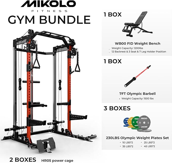 Mikolo Power Cage, 2000LB Power Rack with Independent Dual Pulley System, Multi-Function Home Gym Workout Machine for Cable Crossover