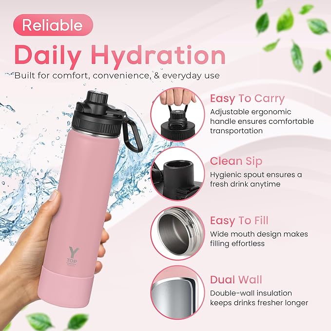Y TOP 18 oz Insulated Water Bottle Leak Proof Spout Lid Fits in Car Cup Holder – Double Wall Dishwasher Safe Easy Clean stainless steel drinking water bottle for Gym Kids Sports Travel Hiking School