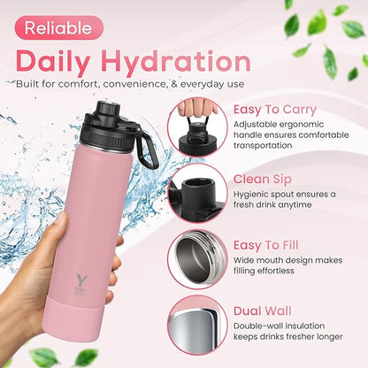 Y TOP 18 oz Insulated Water Bottle Leak Proof Spout Lid Fits in Car Cup Holder – Double Wall Dishwasher Safe Easy Clean stainless steel drinking water bottle for Gym Kids Sports Travel Hiking School