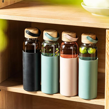 21oz Borosilicate Glass Water Bottles with Silicone Non-Slip Sleeve & Leak-Proof Lid-Reusable Drink Bottle for Office,Travel,Gym,Hiking-BPA Free,Ideal Gift for Home,Car &Fitness (Pink+Black)