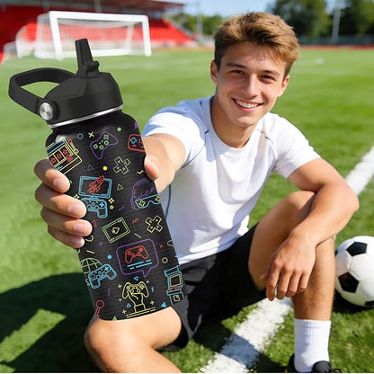 Gamer Water Bottle 32oz - Insulated Stainless Steel with Straw, Leak Proof Lid - Ideal Gaming Gifts for Kids Boys Teens - BPA-Free Sports Bottle for School, Travel & Gaming