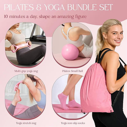 Pilates Kit 14PCS for Women, Pilates Equipment with Pilates Ring Set, Home Pilates Workout Kit, Mini Exercise Ball, Loop Resistance Bands, Stretch Strap, Massage Roller, Grip Socks