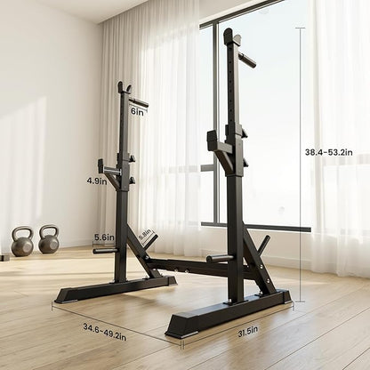 Adjustable Bench Press Rack Stand, 700lbs Heavy Duty Barbell Rack with Dip Station and Push Up Handles, Width Adjustable for 6ft 7ft 8ft Bars - Home Gym Strength Training Infrastructure