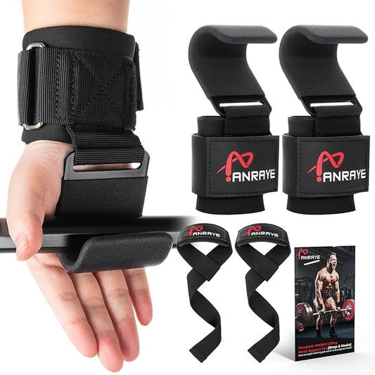 Weight Lifting Hooks & Wrist Straps Set – Lifting Hooks with Anti-Slip Grip, Adjustable Wrist Wraps for Weightlifting, Deadlifts, Powerlifting, Gym Straps for Men and Women