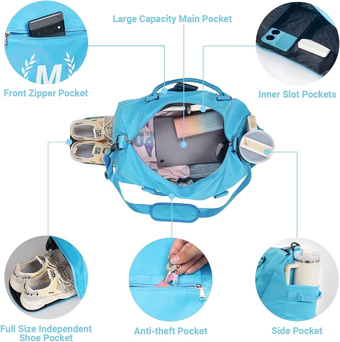 Gym Bag for Women, Personalized Duffle Bag with Shoe Compartment, Sports Bag for Yoga & Dance with Wet Pocket and Mat Strap(AquaBlue,B)