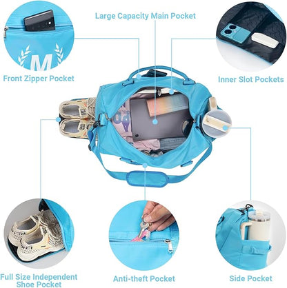 Gym Bag for Women, Personalized Duffle Bag with Shoe Compartment, Sports Bag for Yoga & Dance with Wet Pocket and Mat Strap(AquaBlue,X)