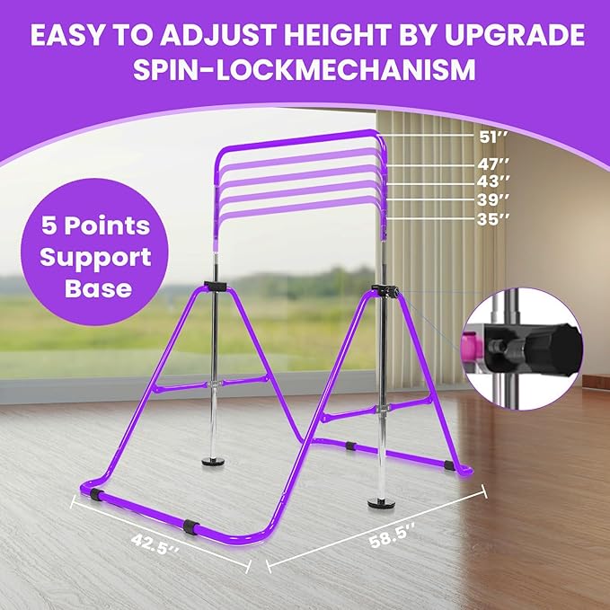 Amrta Foldable Gymnastics Bar with Rings, Adjustable Collapsible Horizontal Training Equipment Set for Indoor Outdoor Home Use Gym Gift in Pink Purple Blue