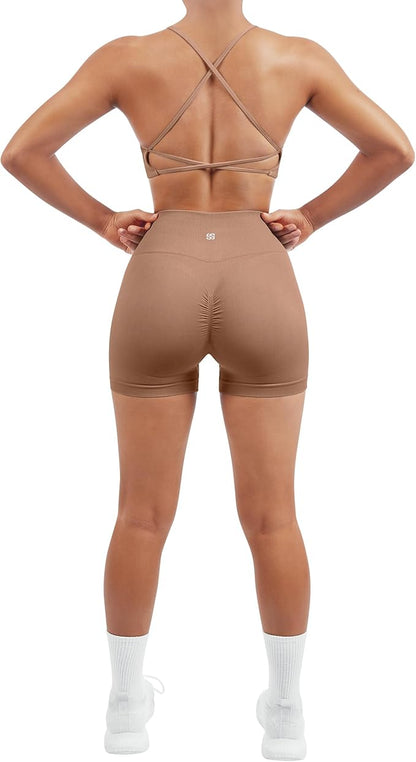 SUUKSESS Women Seamless Workout Sets Strappy Sports Bra High Waist Booty Shorts Outfits