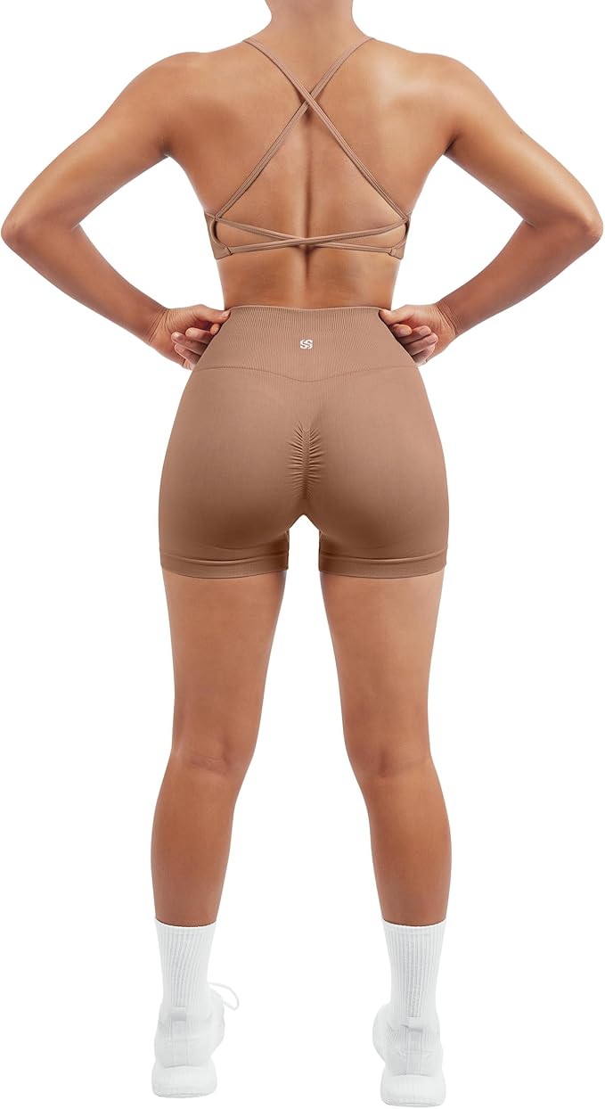 SUUKSESS Women Seamless Workout Sets Strappy Sports Bra High Waist Booty Shorts Outfits