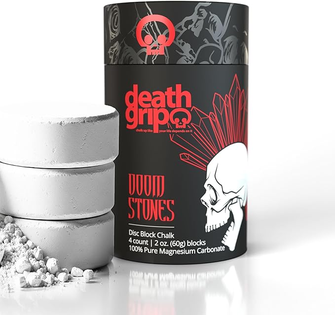 Death Grip Doom Stone Chalk Discs – 4 x 60g Gym Chalk Blocks – 100% Pure Magnesium Carbonate for Rock Climbing, Bouldering, Weightlifting, Gymnastics & Training