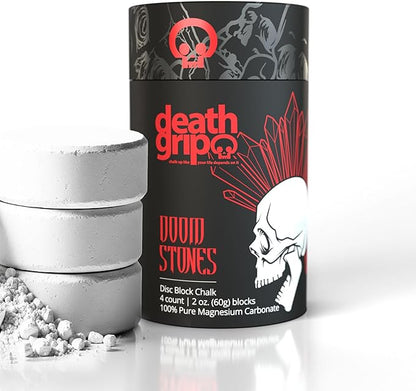 Death Grip Doom Stone Chalk Discs – 4 x 60g Gym Chalk Blocks – 100% Pure Magnesium Carbonate for Rock Climbing, Bouldering, Weightlifting, Gymnastics & Training