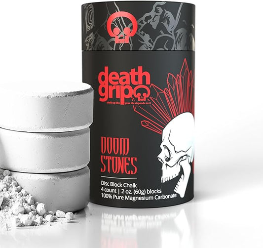 Death Grip Doom Stone Chalk Discs – 4 x 60g Gym Chalk Blocks – 100% Pure Magnesium Carbonate for Rock Climbing, Bouldering, Weightlifting, Gymnastics & Training