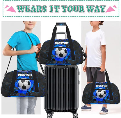 Custom Name Sports Bag for Kids Boys, Personalized Gym Duffel Fitness Travel Weekender Tote Carry-On Training Perform Bag, Soccer Black Blue