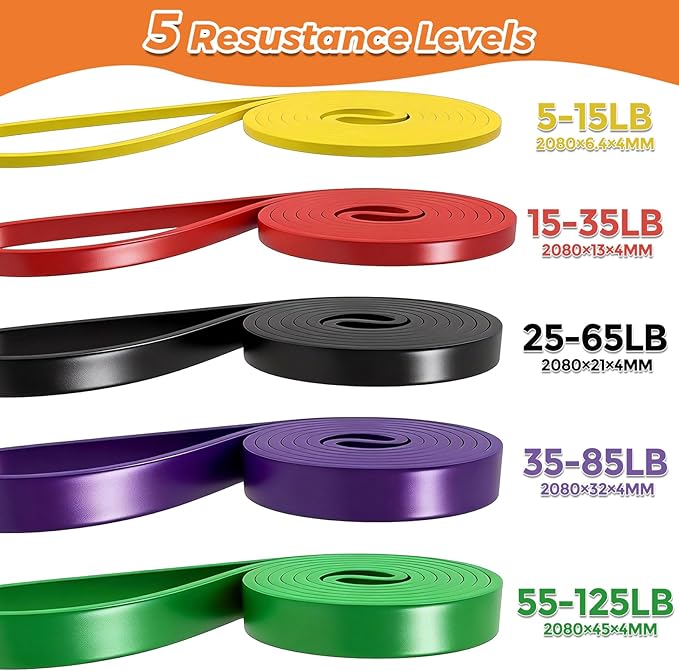 Resistance Bands Set for Working Out, 5 Pull Up Assist Bands with Door Anchor, Handles Carry Bag, 4.0mm TPE Exercise Bands for Home Gym Strength Training, Physical Therapy for Men Women