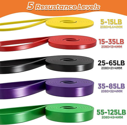Resistance Bands Set for Working Out, 5 Pull Up Assist Bands with Door Anchor, Handles Carry Bag, 4.0mm TPE Exercise Bands for Home Gym Strength Training, Physical Therapy for Men Women