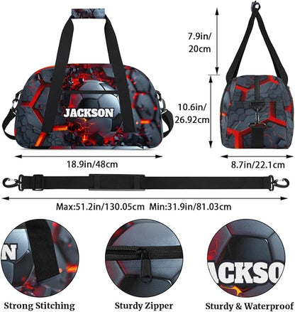 Personalized Boys Soccer Gym Bags for Kids, Custom Name Sport Bags for Training Travel Overnight Weekender, Dark Red