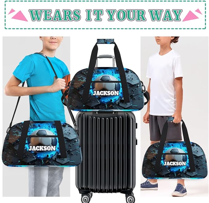 Personalized Boys Soccer Gym Duffel Bags for Kids with Custom Name Sport Training Travel Bags for Overnight Weekender