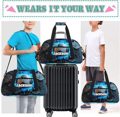 Personalized Boys Soccer Gym Duffel Bags for Kids with Custom Name Sport Training Travel Bags for Overnight Weekender
