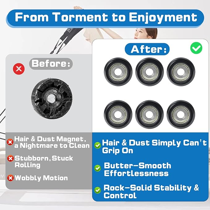 6Pcs Replacement Roller Wheels, Compatible with Aero Pilates Reformer Machines, Smooth & Quiet Glide Rollers Easy Tool-Free Installed Rollerwheels, Durable PU & POM Parts for Pilates Machine Repair