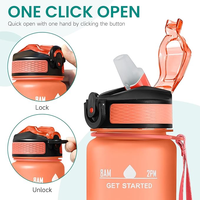 32 oz Motivational Water Bottle with Time Marker,Water Bottles with Times to Drink and Straw with Carrying Strap,Perfect For Fitness Gym Outdoor,BPA Free (Orange & Green Gradient)