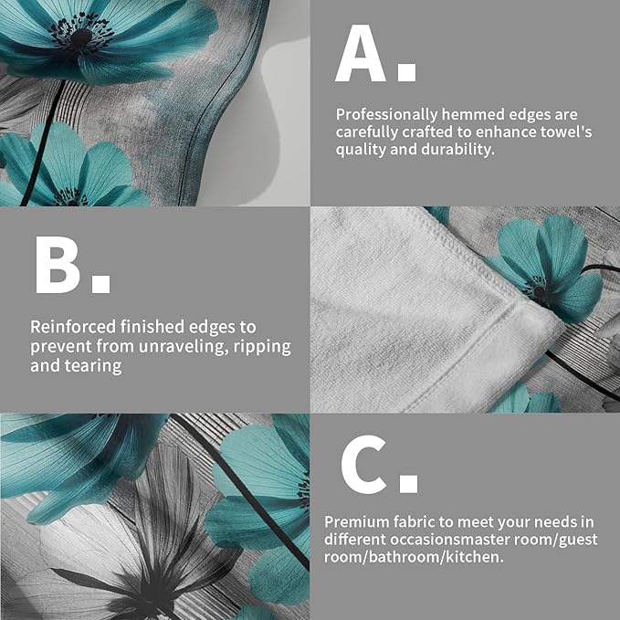 Teal Gray Floral Decorative Hand Towels for Bathroom Rustic Flower Wood Barn Vintage Kitchen Towels Set of 2 Turquoise Daisy Soft Absorbent Fingertip Dish Tea Towel for Home Yoga Gym Hotel