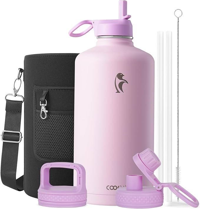 Coolflask 128 oz Gallon Water Bottle Insulated with Straw&3 Lids, Water Jug Large Stainless Steel Metal Vacuum Wide Mouth for Sports, Gym or Office, Non-BPA Keep Cold 48H Hot 24H, Pink