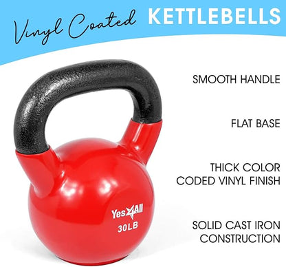 Yes4All Kettlebell, Vinyl Coated Kettlebell Cast Iron Sets with Stable Flat Bottom for Full Body Workout, Push up, Grip Strength Training & Weights Exercises
