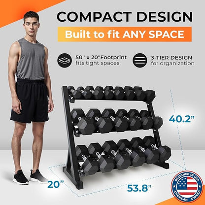 Rubber Hex Dumbbell Set with Rack, 8/10/12/15/20 Pair (450/550/780/1200/1550/2100 lbs total) Weight Rack with Dumbbells for Home Gym & Strength Training