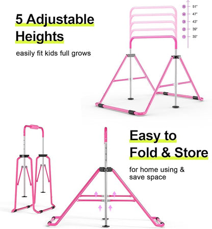 Safly Fun Foldable Gymnastics Bar for Kids, Adjustable 35"-51", Sturdy 145 lbs Capacity, Easy-to-Assemble, Gymnastics Equipment for Kids for Indoor/Outdoor Training