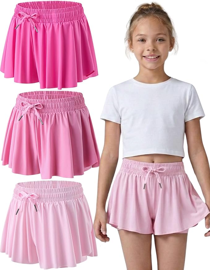 3 Pack Girls Flowy Shorts with Spandex Liner 2-in-1 Youth Butterfly Skirts for Fitness, Running, Sports