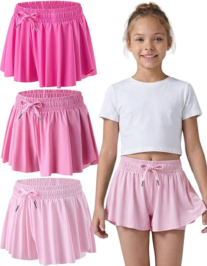 3 Pack Girls Flowy Shorts with Spandex Liner 2-in-1 Youth Butterfly Skirts for Fitness, Running, Sports