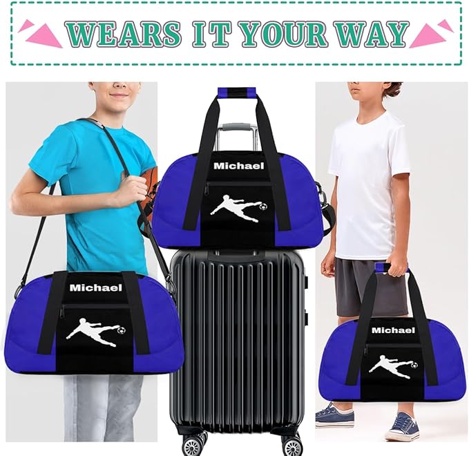 Custom Sports Soccer Bag for Boys, Personalized Sports Gym Duffle Bag Name Ranked Gym Cheer Playing Soccer Swimming Training Bag Travel Duffel with Name, Royal Blue and Black