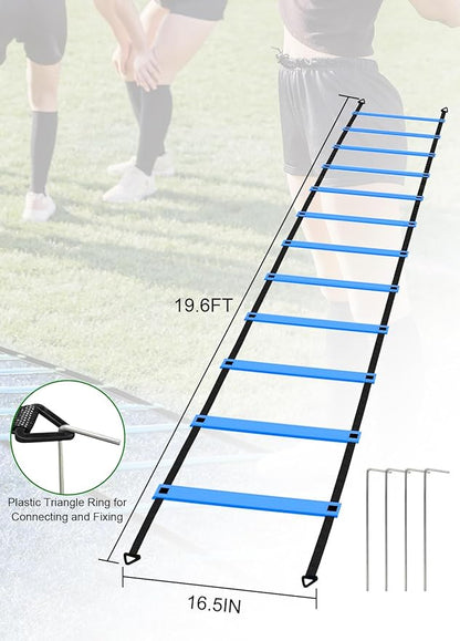Speed Agility Training Equipment Set - 20ft Agility Ladder, 10 Disc Cones, Resistance Parachute, 5 Resistance Bands & Carry Bag | Football Soccer Basketball Fitness Drills