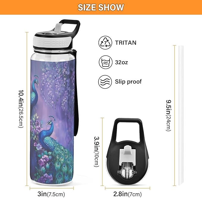 Fustylead Two Peacocks on Purple Flower 32oz Sports Water Bottle with Removable Straw, Reusable Clear Water Bottles, Leak Proof, BPA-Free