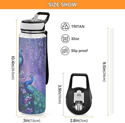 Fustylead Two Peacocks on Purple Flower 32oz Sports Water Bottle with Removable Straw, Reusable Clear Water Bottles, Leak Proof, BPA-Free