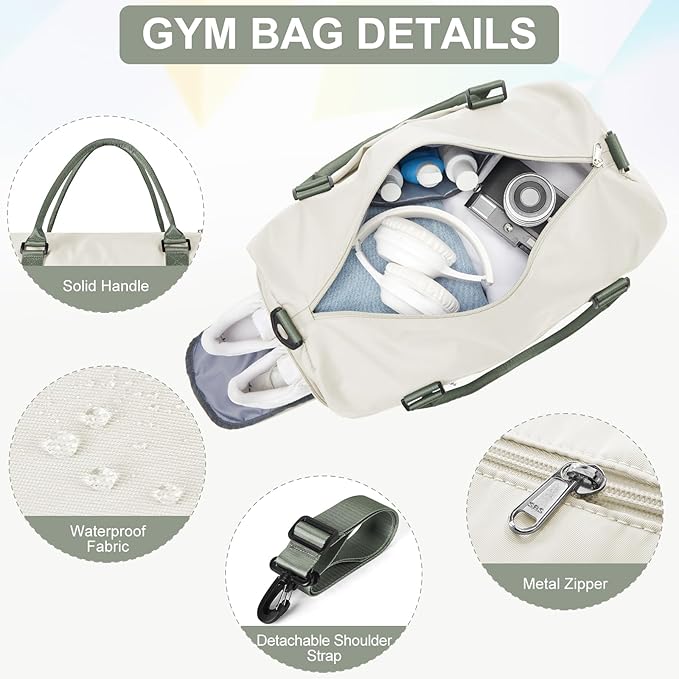 Gym Bags for Women Men with Shoes Compartment,Sports Duffle Bags Personal item travel Duffel Tote Bag Small Carry on Weekender Overnight Bag Workout Dance Bag Hospital Holdalls Beige Green