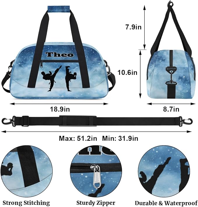 Personalized Gym Bag for Boys, Custom Sport Gym Taekwondo Silhouette Cheerleading Duffel Bag Weekender Fitness Bags Travel Duffel Bag, Watercolor Blue Starry Night