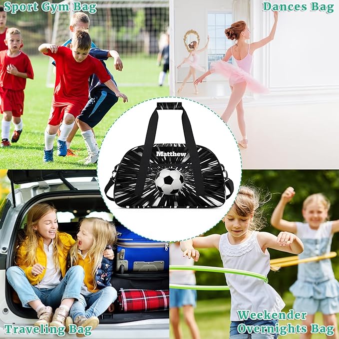 Personalized Boys Sports Soccer Duffel Bag, Custom Sport Gym Bag Large Compartment Cheerleaders Dance Bag Weekender Bags Travel Training Bag for men, Abstract Black Background