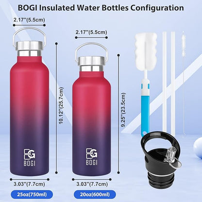 BOGI 20oz Insulated Stainless Steel Water Bottles - 2 Pack Wide Mouth Leakproof with Straw and Handle, BPA Free for School, Fitness, Outdoor Sports