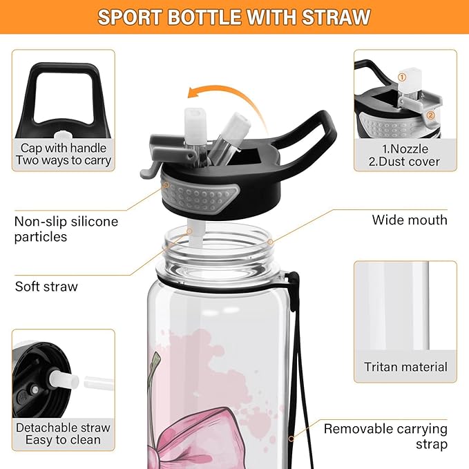 Fustylead Cute Cherry Fruit with Pink Bow 32 oz Tritan Water Bottle with Straw, Leakproof and BPA-Free Sport Water Bottle for Fitness, Gym & Outdoor