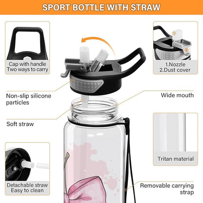 Fustylead Cute Cherry Fruit with Pink Bow 32 oz Tritan Water Bottle with Straw, Leakproof and BPA-Free Sport Water Bottle for Fitness, Gym & Outdoor