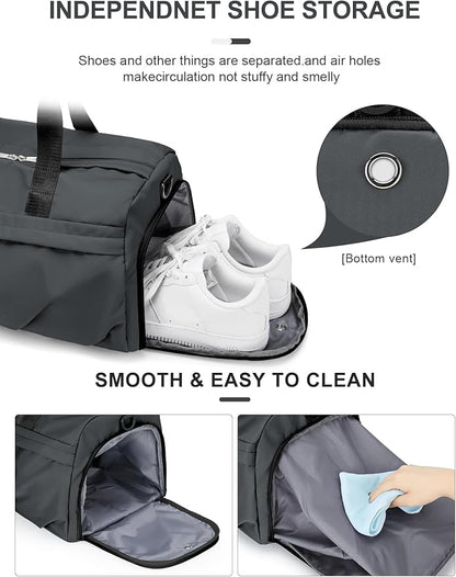 Gym Bag for Women Men with Shoe Compartment, Sport Duffel Bag, Waterproof Travel Weekender Overnight Carry on Bag for Yoga with Trolley Sleeve, Grey